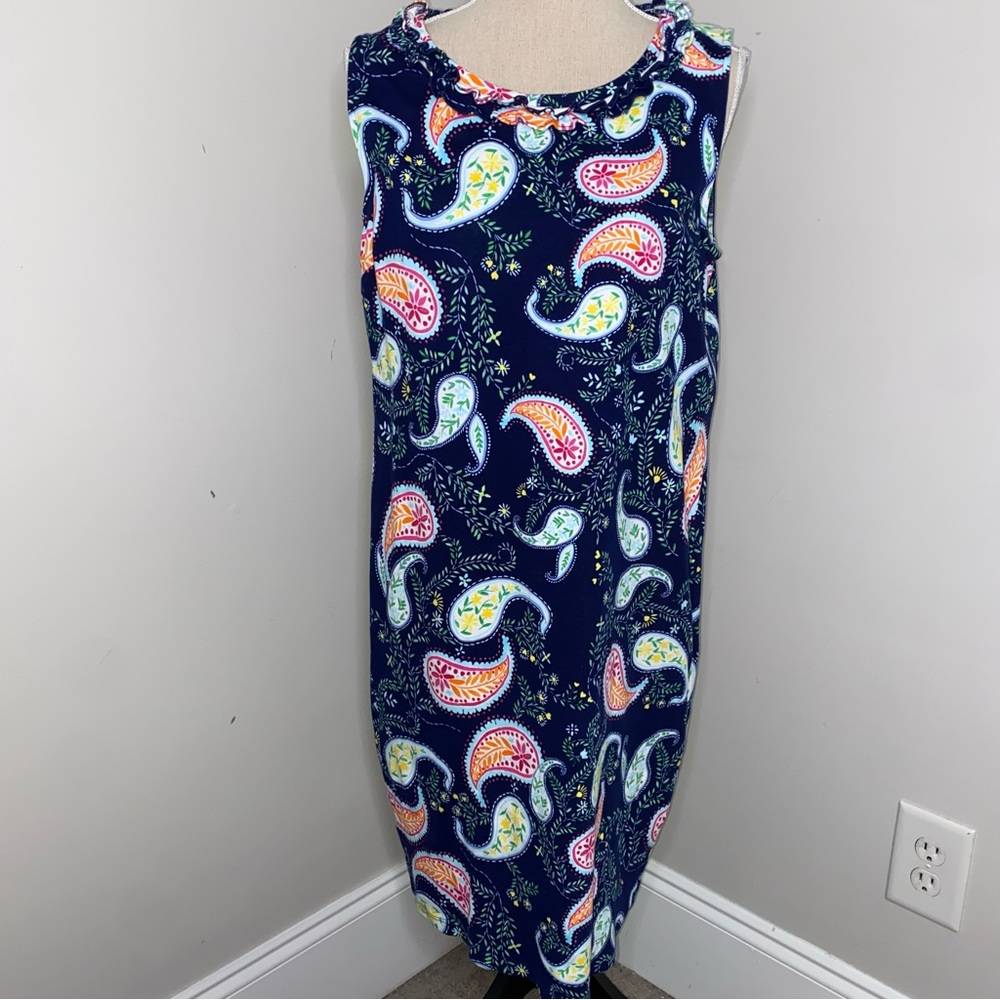 Talbots sleeveless knit dress ruffle neck navy blue & floral paisley size Large